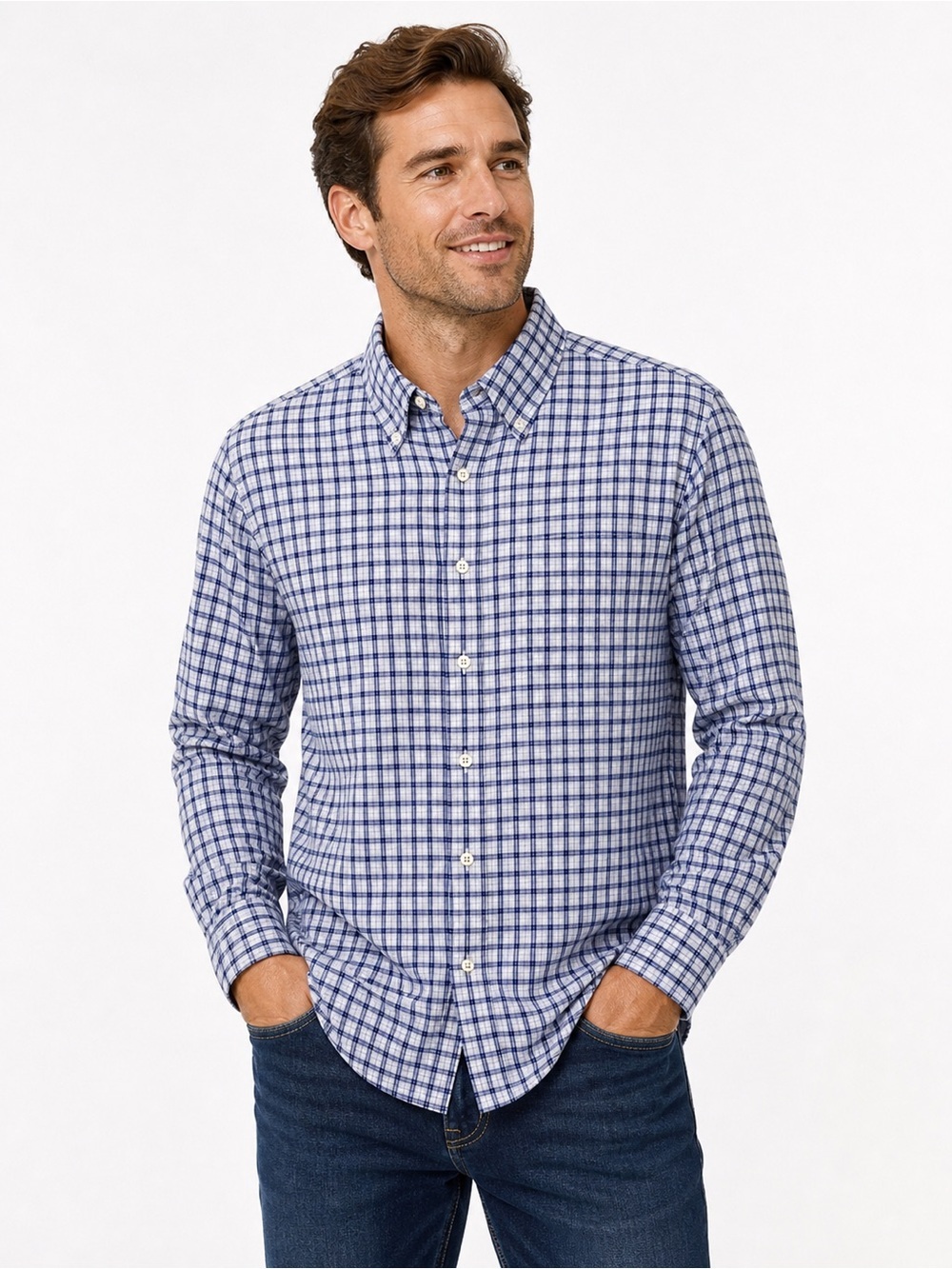 Peter Millar Button Down Shirt Mens Size Large Blue Plaid Cotton Casual